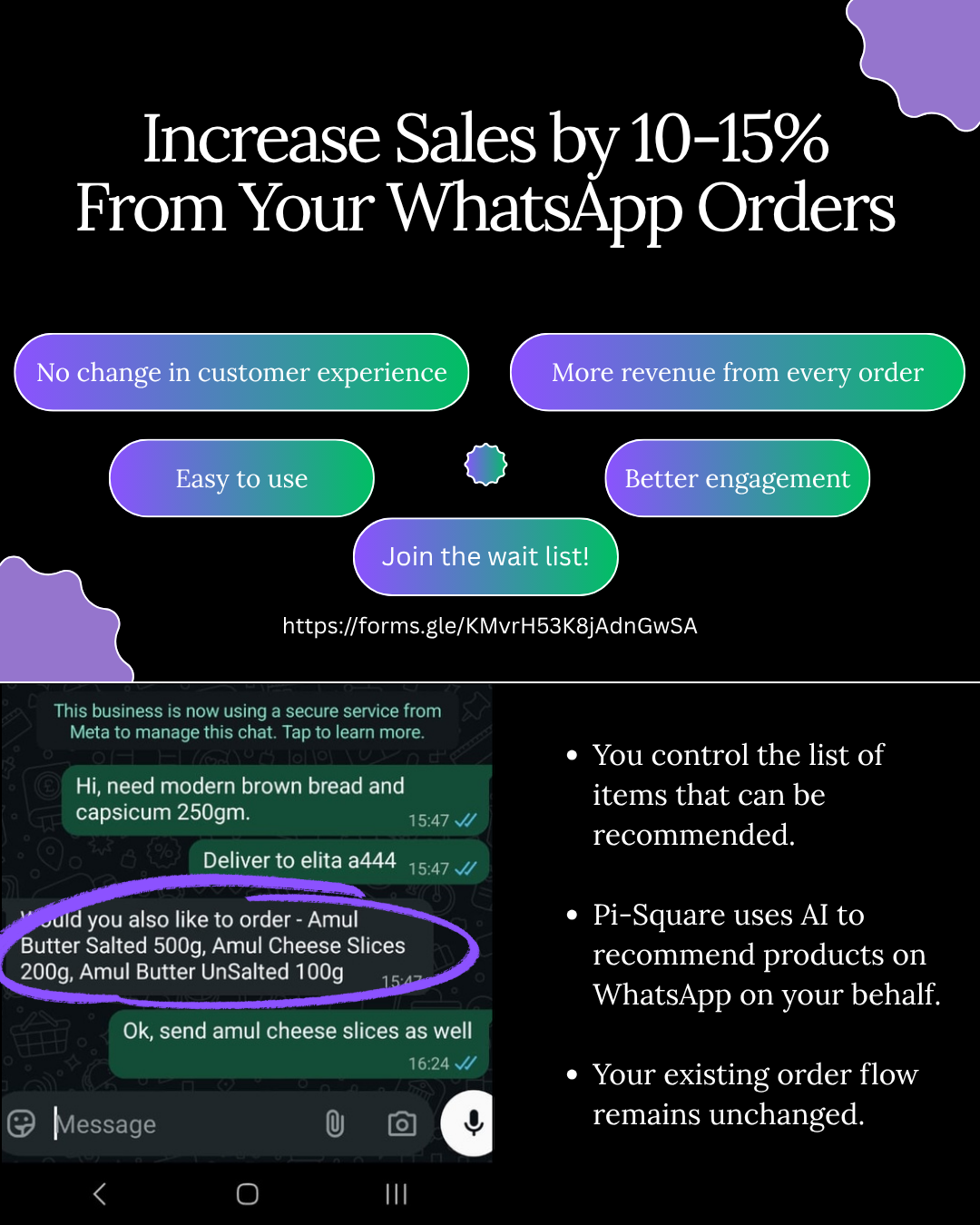 Pi-Square WhatsApp AI upsells flyer showing add-on product suggestions inside a WhatsApp order chat