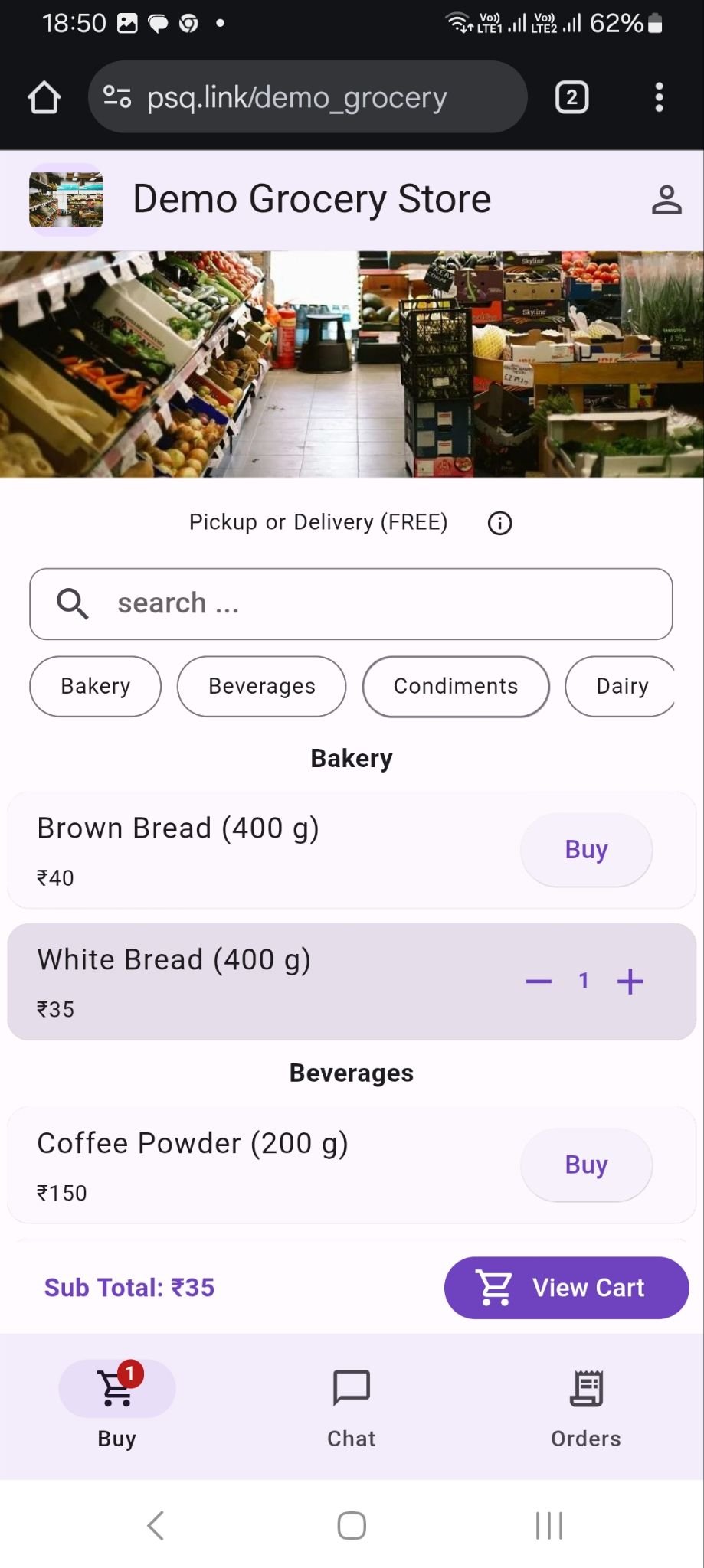 Customer storefront mobile screenshot showing product browsing and ordering flow
