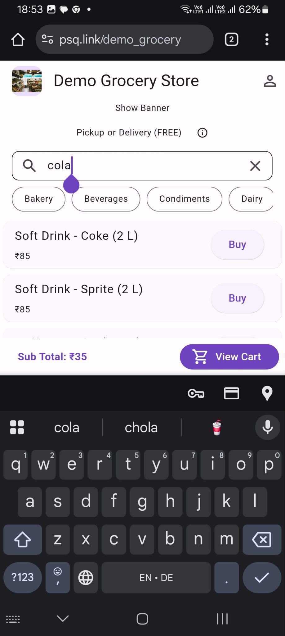 Customer storefront mobile screenshot showing product browsing and ordering flow