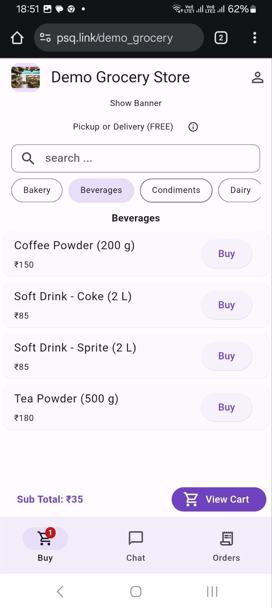 Customer storefront mobile screenshot showing product browsing and ordering flow