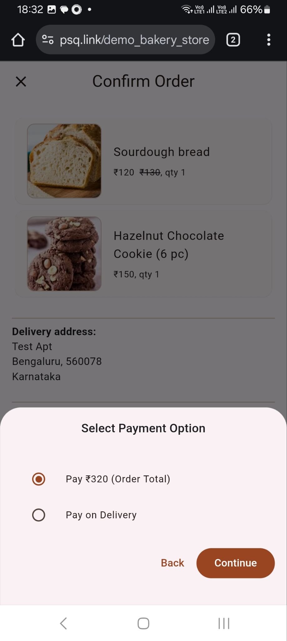 Customer storefront mobile screenshot showing product browsing and ordering flow