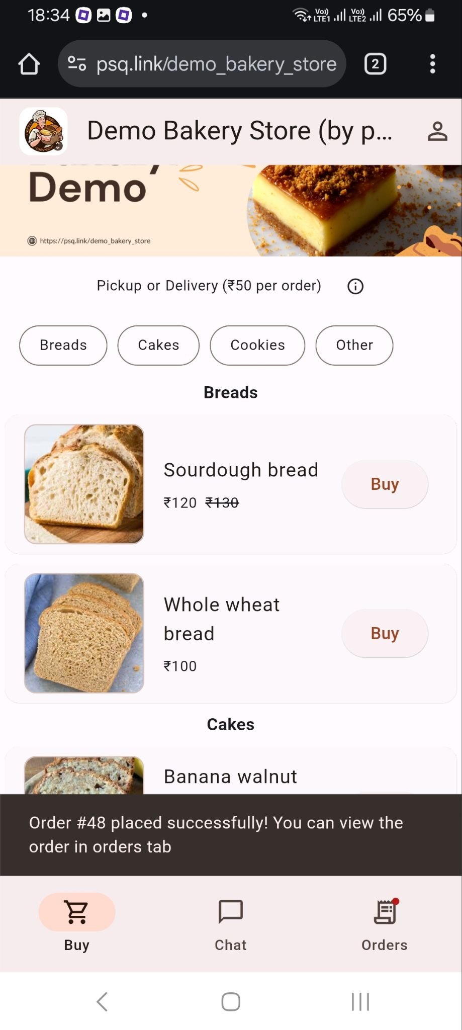 Customer storefront mobile screenshot showing product browsing and ordering flow