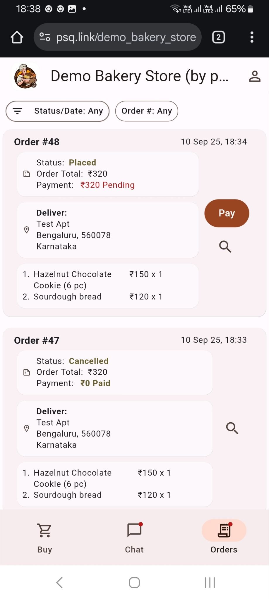 Customer storefront mobile screenshot showing product browsing and ordering flow