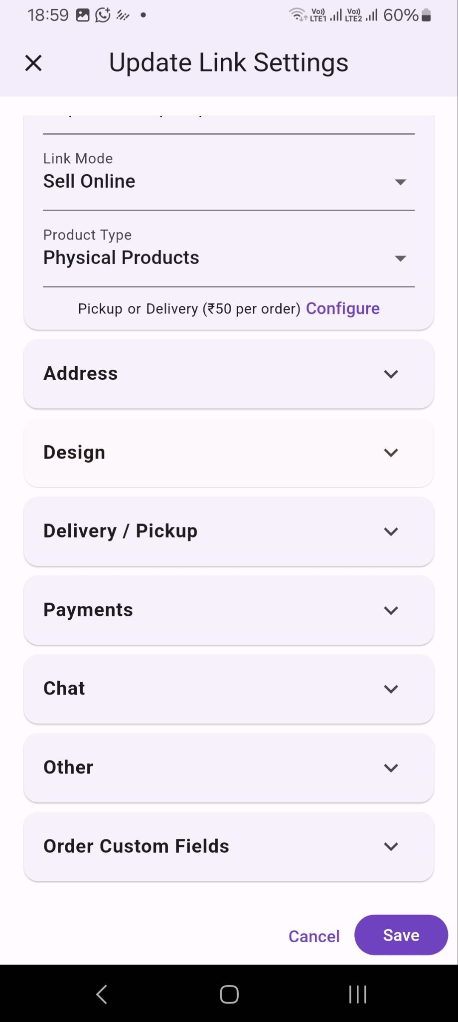 Seller dashboard mobile screenshot showing catalog, inventory, or order management
