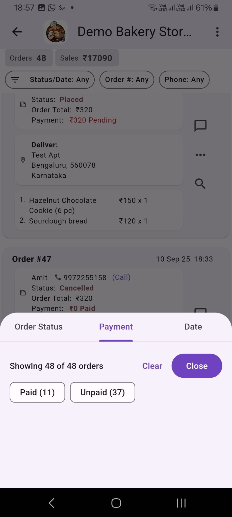 Seller dashboard mobile screenshot showing catalog, inventory, or order management
