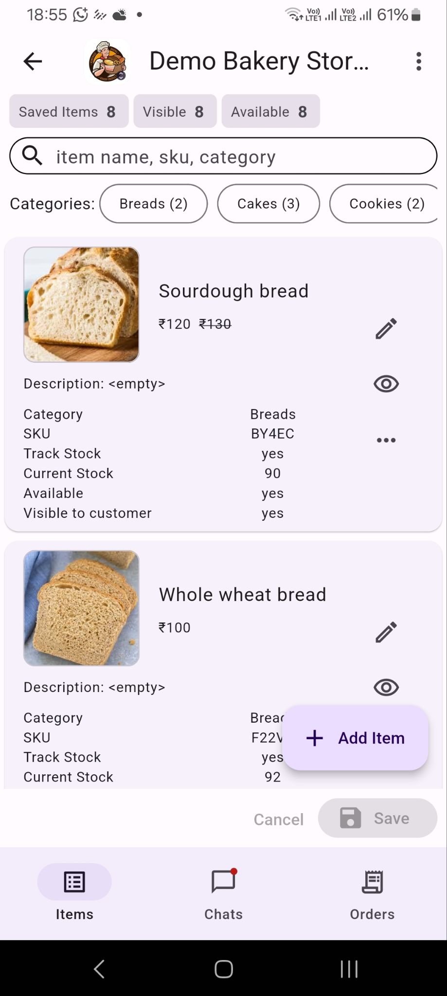 Seller dashboard mobile screenshot showing catalog, inventory, or order management
